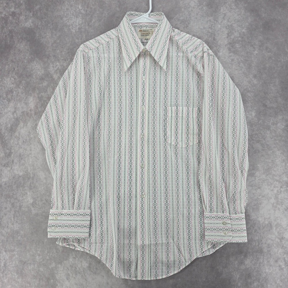 Vintage 60s 70s Towncraft Penn Prest JCPenney Pink Grey Striped Shirt 16-33 L